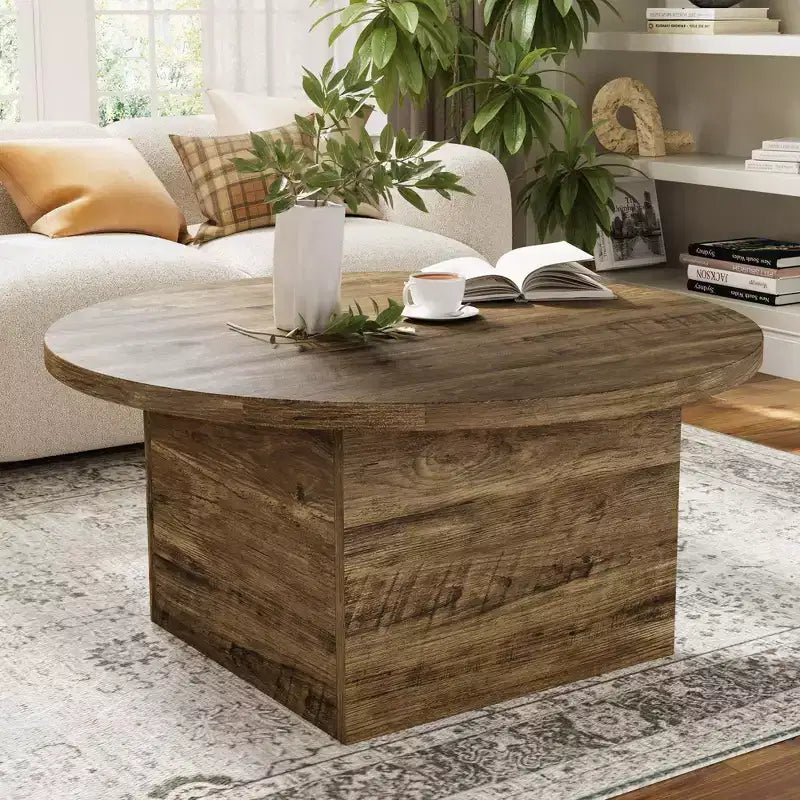 Table basse ronde de 35 pouces, bois composite, design moderne du milieu du siècle, piètement central, blanche