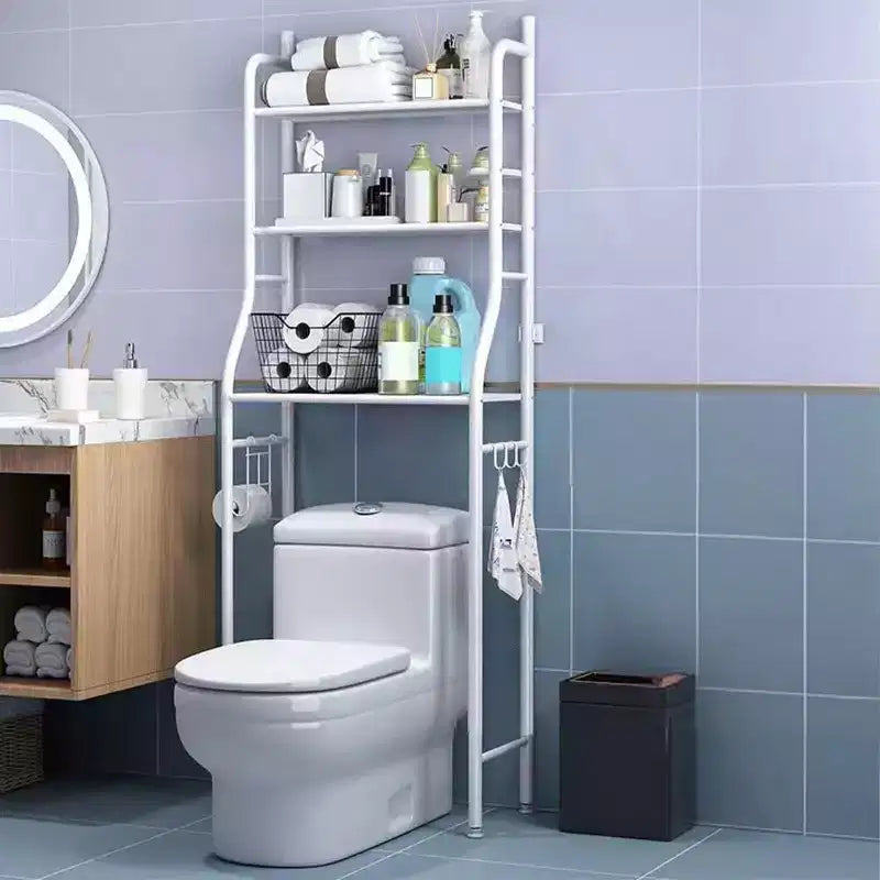 Meuble de Rangement Sur WC, Métal, Porte-Papier & Crochets, Sur Pied Sans Perçage, Blanc