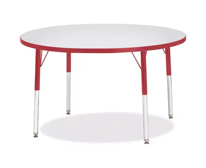 Table d'activités ronde à hauteur élémentaire 42x42, plateau gris, pieds en acier réglables, bord rouge
