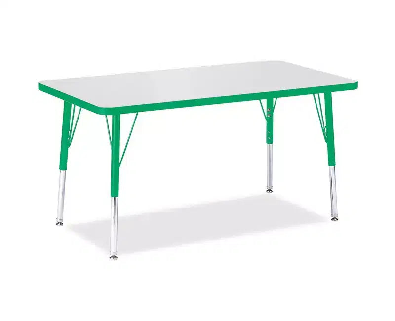 Table d'activités rectangulaire hauteur élémentaire 24x36, bord vert, pieds en acier réglables