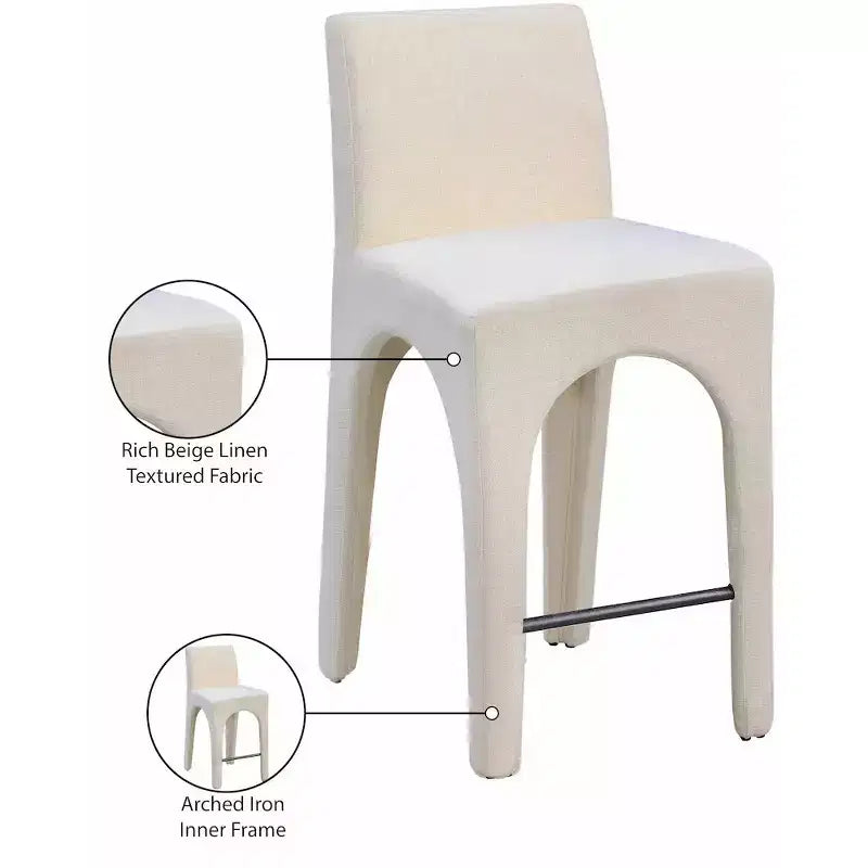 Tabouret de comptoir en tissu texturé lin beige, design Art Déco, cadre en fer arqué, dossier mi-hauteur