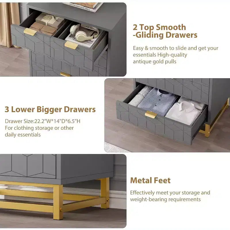 Commode grise à 5 tiroirs avec piètement métallique – Commode moderne pour chambre, salon et rangement de dressing