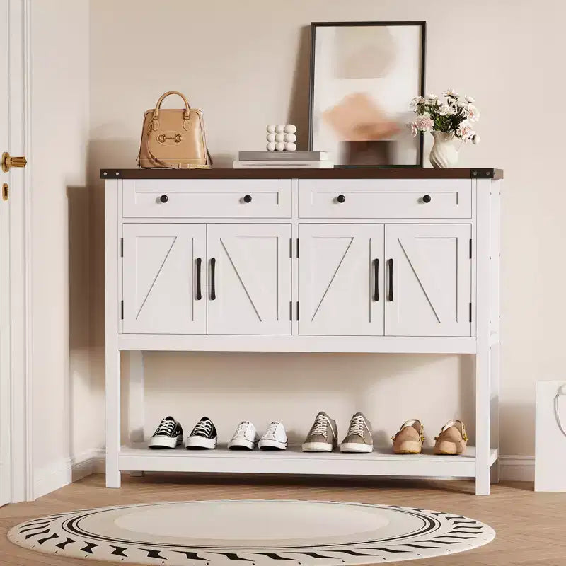 47.2 Table console de ferme, avec 2 tiroirs, 4 portes et étagère ouverte, meuble bar à café, buffet étroit pour cuisine, couloir, salon