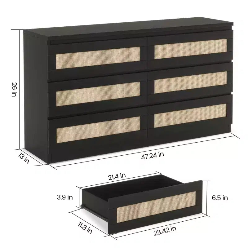 Commode à 6 tiroirs en rotin pour chambre à coucher, commode en bois moderne, anti-basculement, noire