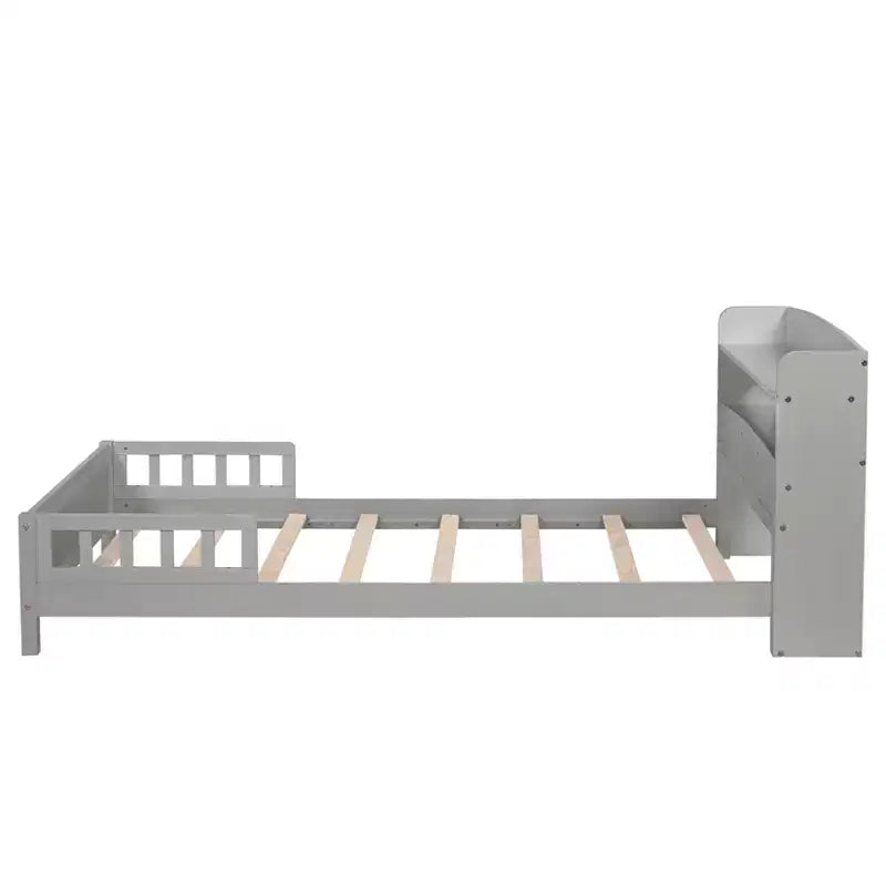 Lit en bois Pin Twin avec tête de lit bibliothèque, barrières de sécurité, gris, rangement sous le le lit