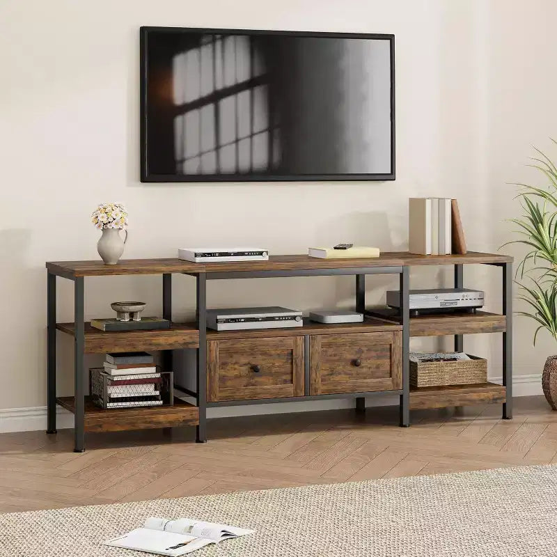Meuble TV Industriel 63 pouces - Centre de divertissement compatible avec écrans jusqu'à 65 pouces, 2 tiroirs, étagères ouvertes et cadre métallique