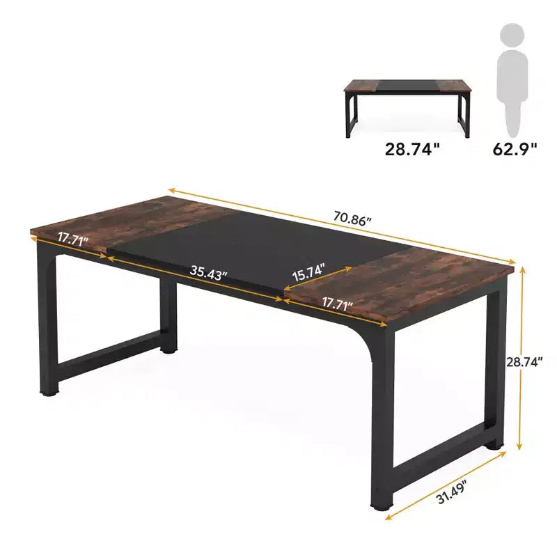 Table de conférence compacte 70,8 po, 6 places, bois d'ingénierie E1 et cadre métallique 2x2, marron