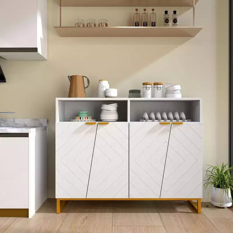 Meuble de rangement de buffet de 100 cm, 4 portes et étagères réglables, anti-basculement, pieds en métal, blanc