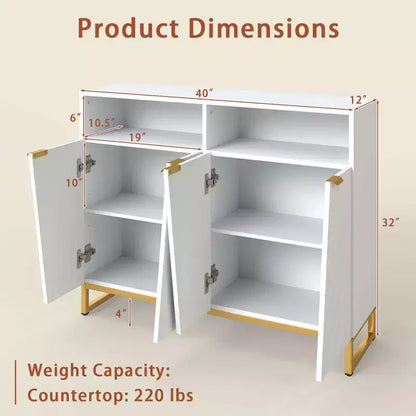 Meuble de rangement de buffet de 100 cm, 4 portes et étagères réglables, anti-basculement, pieds en métal, blanc