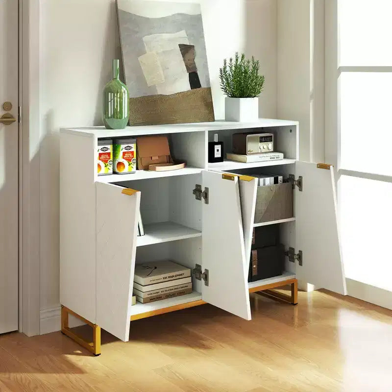Meuble de rangement de buffet de 100 cm, 4 portes et étagères réglables, anti-basculement, pieds en métal, blanc
