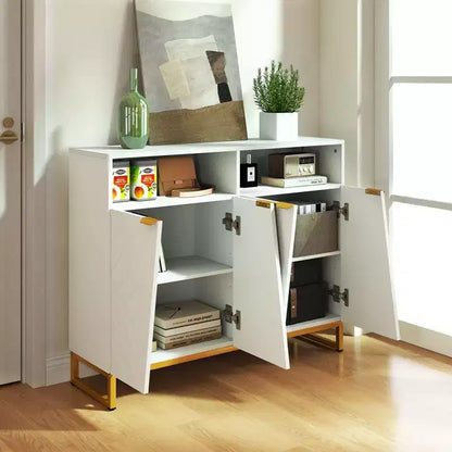 Meuble de rangement de buffet de 100 cm, 4 portes et étagères réglables, anti-basculement, pieds en métal, blanc