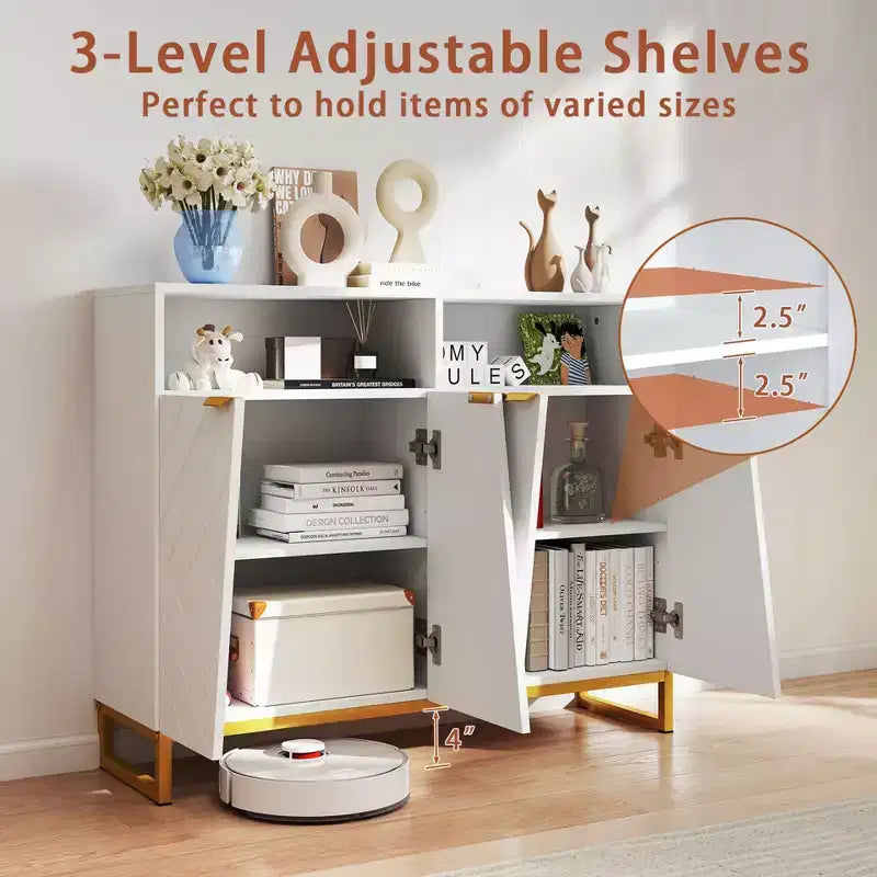 Meuble de rangement de buffet de 100 cm, 4 portes et étagères réglables, anti-basculement, pieds en métal, blanc