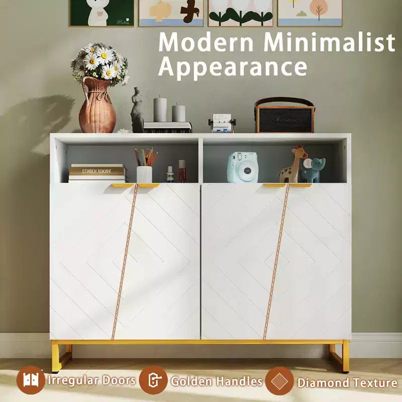 Meuble de rangement de buffet de 100 cm, 4 portes et étagères réglables, anti-basculement, pieds en métal, blanc