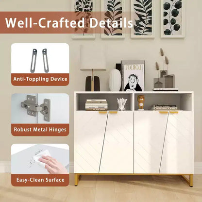 Meuble de rangement de buffet de 100 cm, 4 portes et étagères réglables, anti-basculement, pieds en métal, blanc