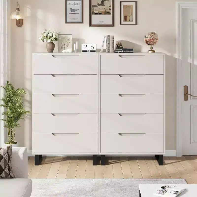 Commode 5 tiroirs de 90 cm, PB+MDF+Métal, Hauteur réglable, Style moderne-rustique, Anti-basculement
