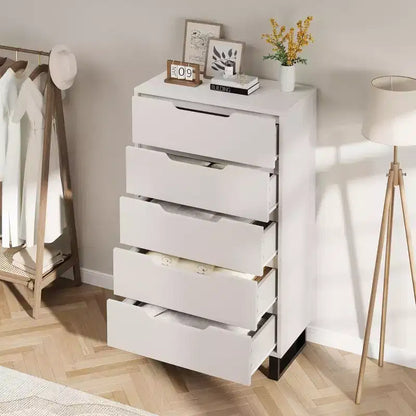 Commode 5 tiroirs de 90 cm, PB+MDF+Métal, Hauteur réglable, Style moderne-rustique, Anti-basculement