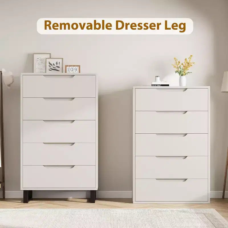 Commode 5 tiroirs de 90 cm, PB+MDF+Métal, Hauteur réglable, Style moderne-rustique, Anti-basculement