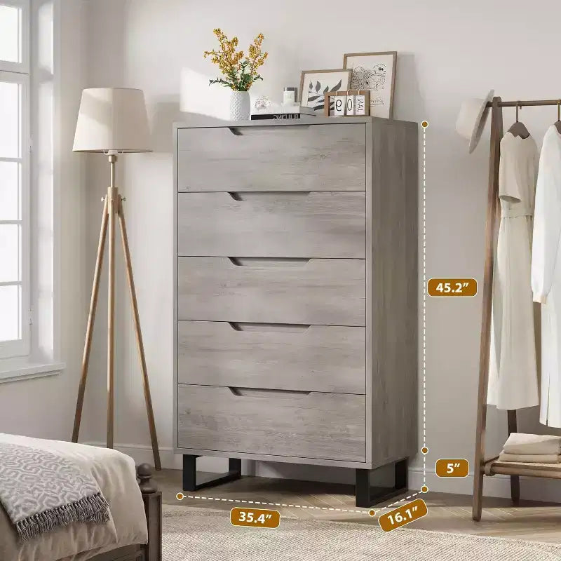 Commode 5 tiroirs de 90 cm, PB+MDF+Métal, Hauteur réglable, Style moderne-rustique, Anti-basculement