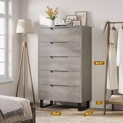 Commode 5 tiroirs de 90 cm, PB+MDF+Métal, Hauteur réglable, Style moderne-rustique, Anti-basculement