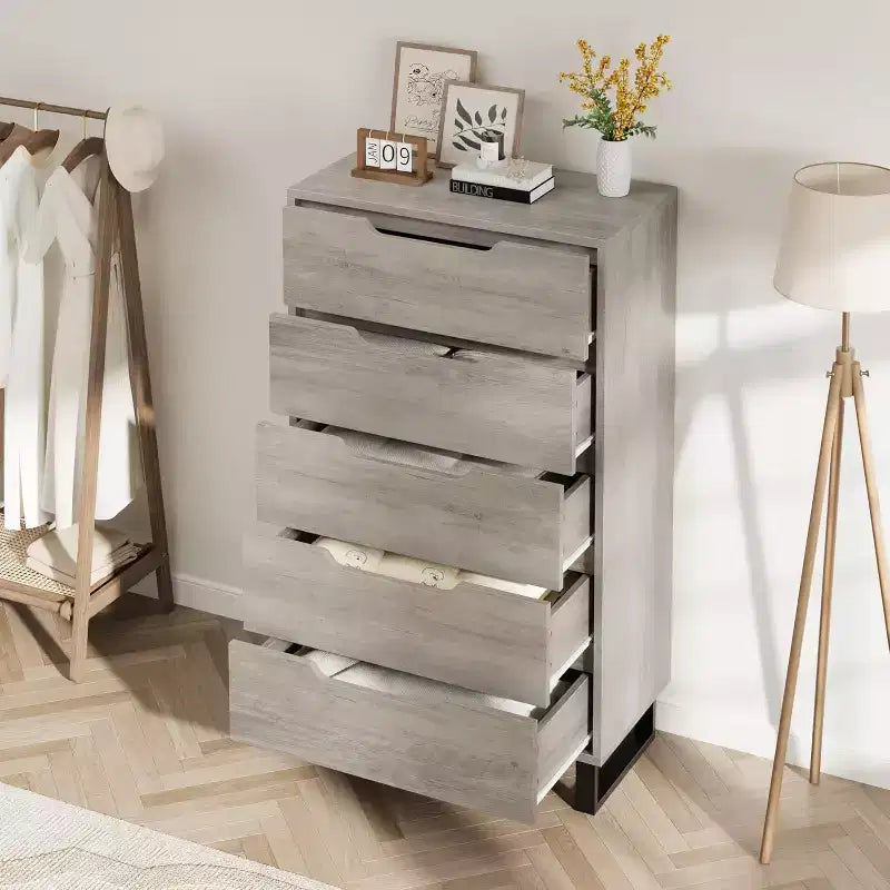 Commode 5 tiroirs de 90 cm, PB+MDF+Métal, Hauteur réglable, Style moderne-rustique, Anti-basculement