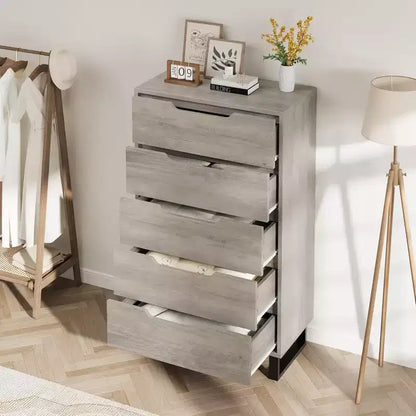 Commode 5 tiroirs de 90 cm, PB+MDF+Métal, Hauteur réglable, Style moderne-rustique, Anti-basculement