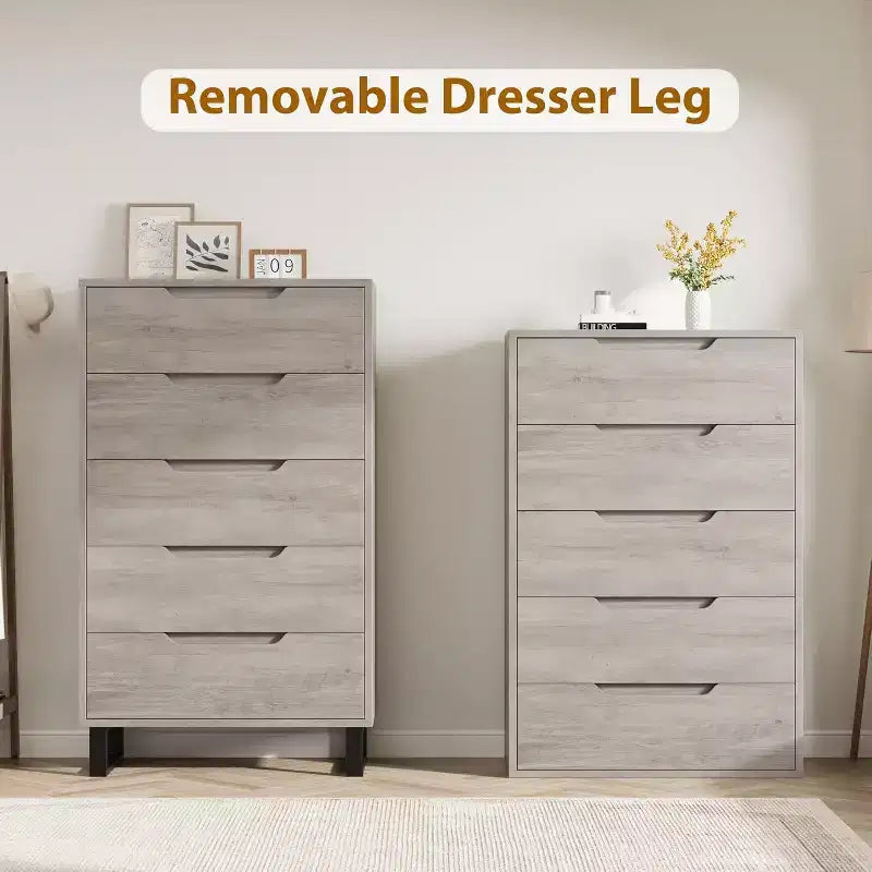 Commode 5 tiroirs de 90 cm, PB+MDF+Métal, Hauteur réglable, Style moderne-rustique, Anti-basculement