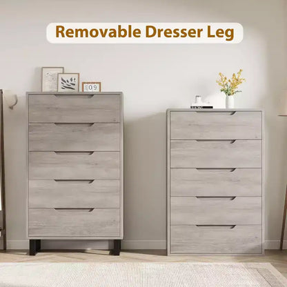Commode 5 tiroirs de 90 cm, PB+MDF+Métal, Hauteur réglable, Style moderne-rustique, Anti-basculement