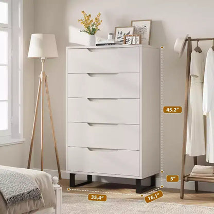 Commode 5 tiroirs de 90 cm, PB+MDF+Métal, Hauteur réglable, Style moderne-rustique, Anti-basculement