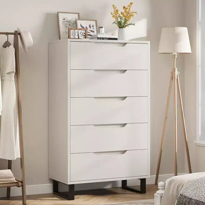 Commode 5 tiroirs de 90 cm, PB+MDF+Métal, Hauteur réglable, Style moderne-rustique, Anti-basculement