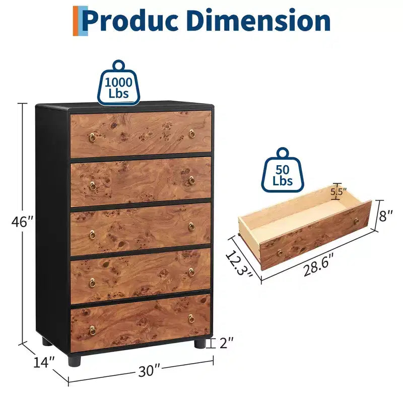 Commode 7 tiroirs à profil incurvé, chêne naturel, résistante aux rayures, capacité du plateau 450 kg