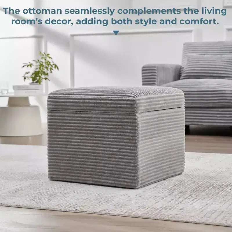 Pouffe de rangement carré en velours côtelé avec couvercle amovible, coussin en mousse, capacité de 113 kg