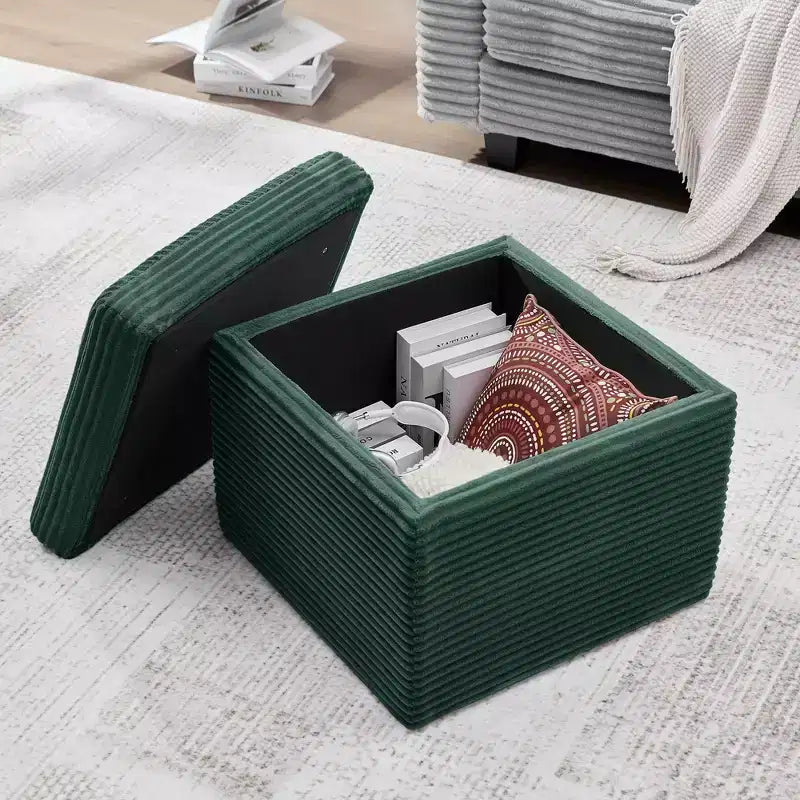 Pouffe de rangement carré en velours côtelé avec couvercle amovible, coussin en mousse, capacité de 113 kg