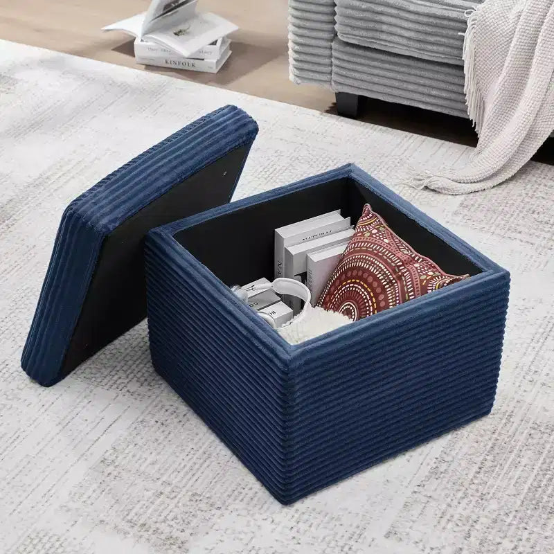 Pouffe de rangement carré en velours côtelé avec couvercle amovible, coussin en mousse, capacité de 113 kg