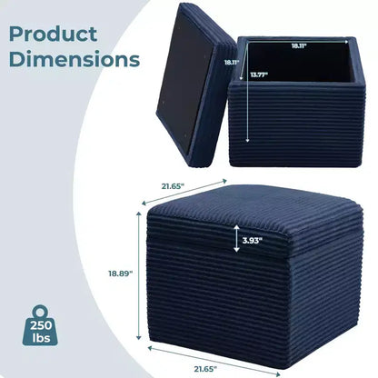 Pouffe de rangement carré en velours côtelé avec couvercle amovible, coussin en mousse, capacité de 113 kg