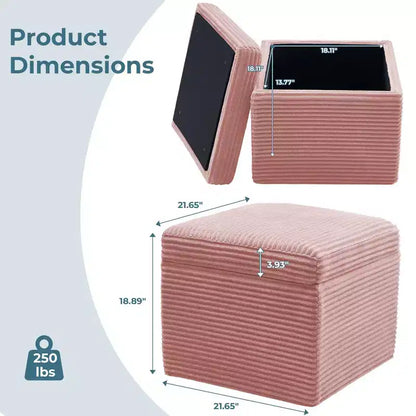 Pouffe de rangement carré en velours côtelé avec couvercle amovible, coussin en mousse, capacité de 113 kg