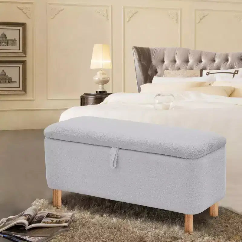 Banc de rangement ottoman avec couvercle relevable, en tissu bouclé, charnière hydraulique, pour chambre et entrée