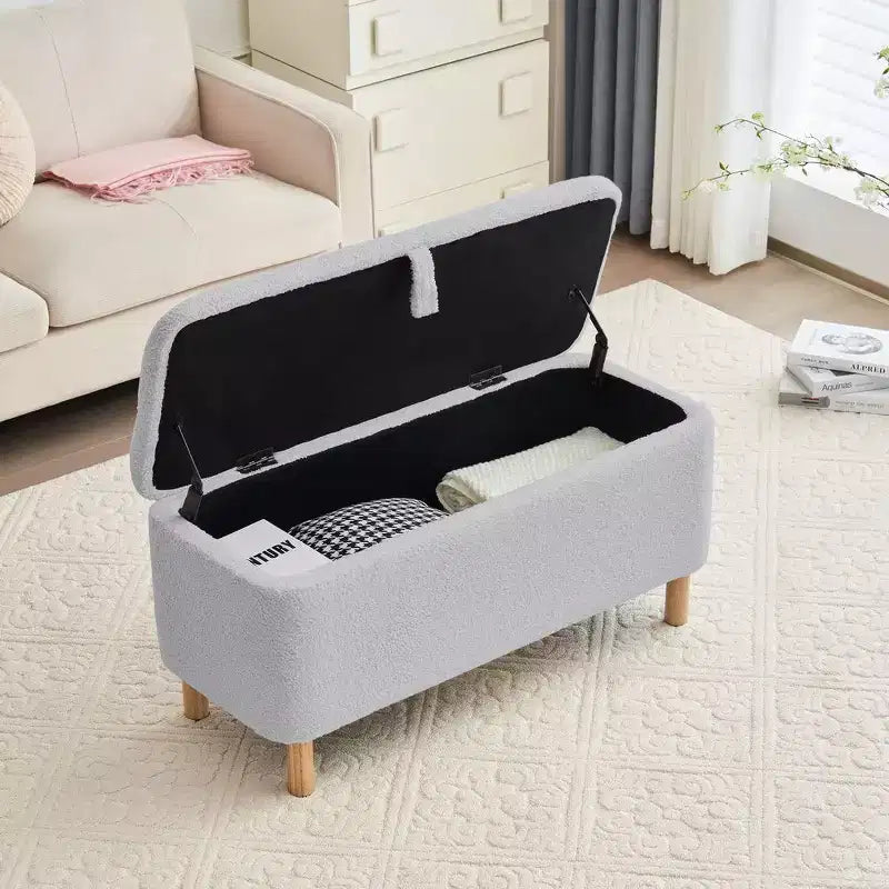 Banc de rangement ottoman avec couvercle relevable, en tissu bouclé, charnière hydraulique, pour chambre et entrée