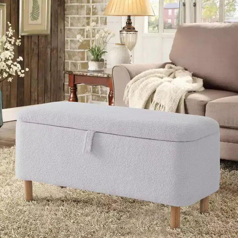 Banc de rangement ottoman avec couvercle relevable, en tissu bouclé, charnière hydraulique, pour chambre et entrée