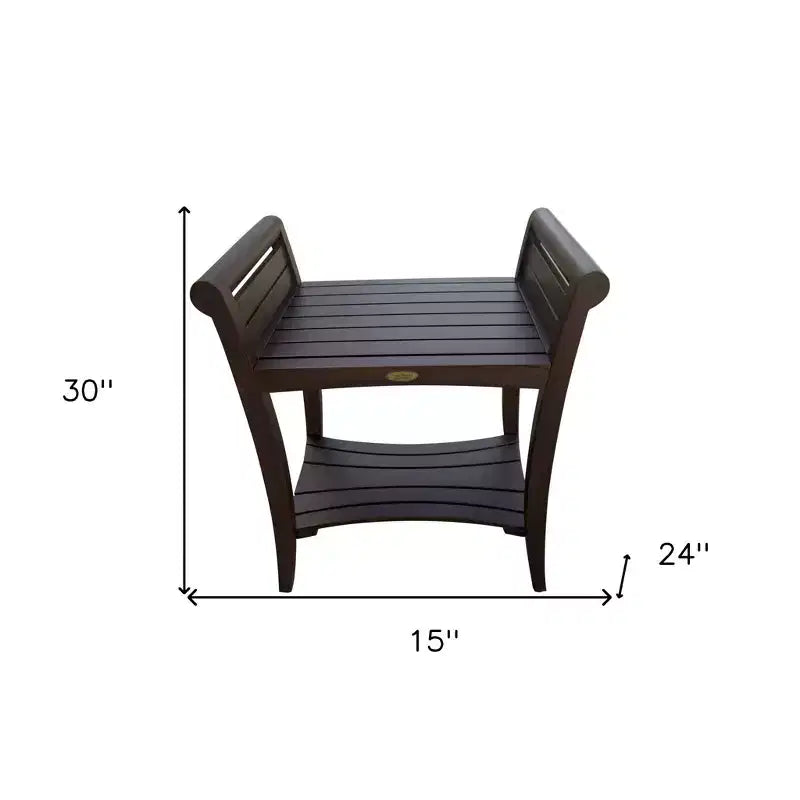 Banc de douche rectangulaire en teck avec étagère et poignées, accoudoirs incurvés, finition marron, 24x15x30