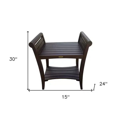 Banc de douche rectangulaire en teck avec étagère et poignées, accoudoirs incurvés, finition marron, 24x15x30