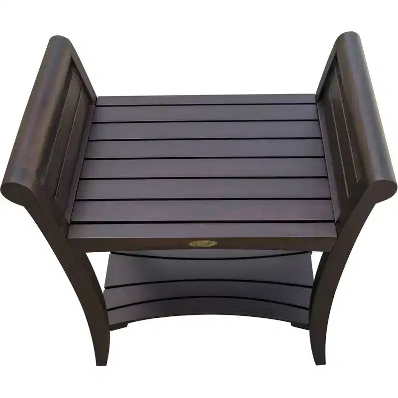 Banc de douche rectangulaire en teck avec étagère et poignées, accoudoirs incurvés, finition marron, 24x15x30