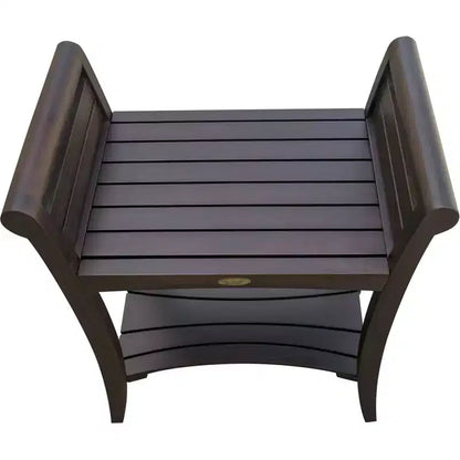Banc de douche rectangulaire en teck avec étagère et poignées, accoudoirs incurvés, finition marron, 24x15x30