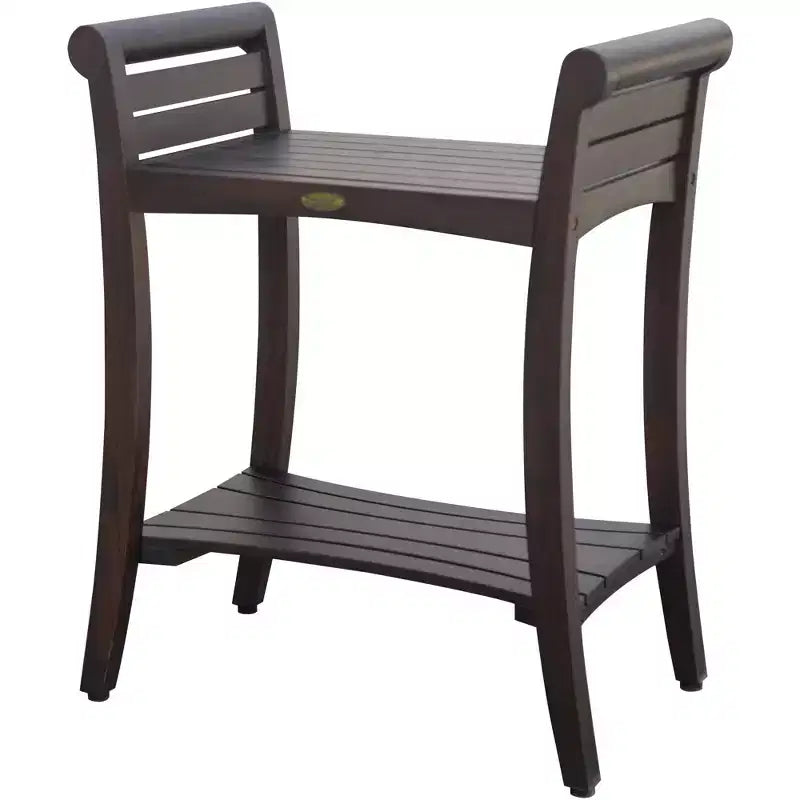 Banc de douche rectangulaire en teck avec étagère et poignées, accoudoirs incurvés, finition marron, 24x15x30
