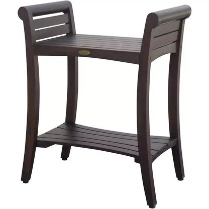 Banc de douche rectangulaire en teck avec étagère et poignées, accoudoirs incurvés, finition marron, 24x15x30