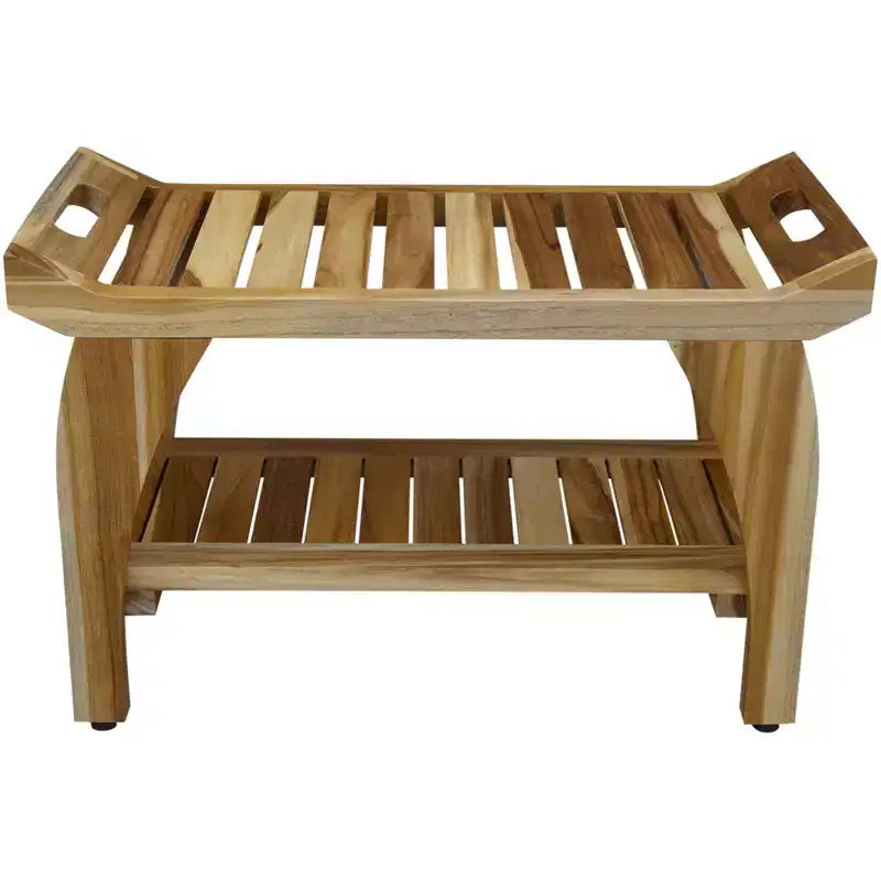 HomeRoots 29 Teak Rectangular Shower Outdoor Bench With Handles In Natural Finish