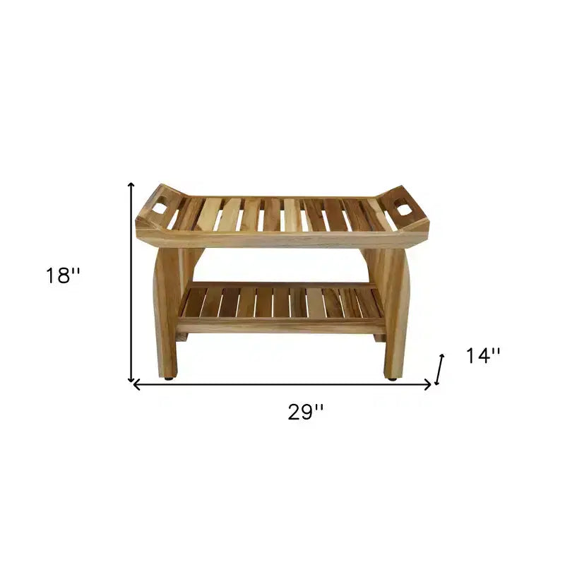 Banc de douche et extérieur en teck de 73 cm avec poignées découpées et étagère inférieure, finition naturelle