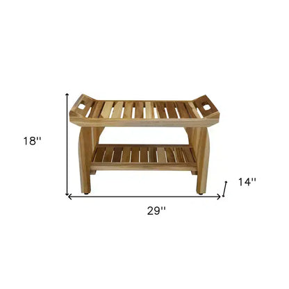 Banc de douche et extérieur en teck de 73 cm avec poignées découpées et étagère inférieure, finition naturelle