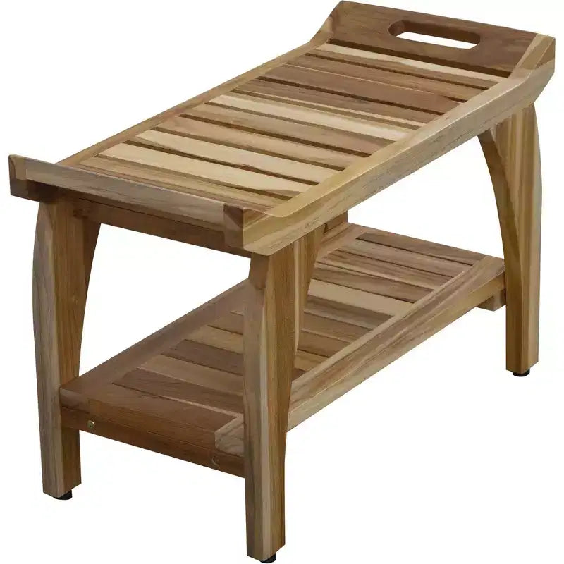 Banc de douche et extérieur en teck de 73 cm avec poignées découpées et étagère inférieure, finition naturelle