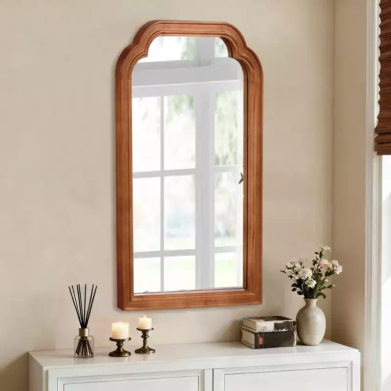 Miroir mural décoratif 24x36 en bois massif avec coins arrondis, Chambre Salle de bain, Brun jaunâtre