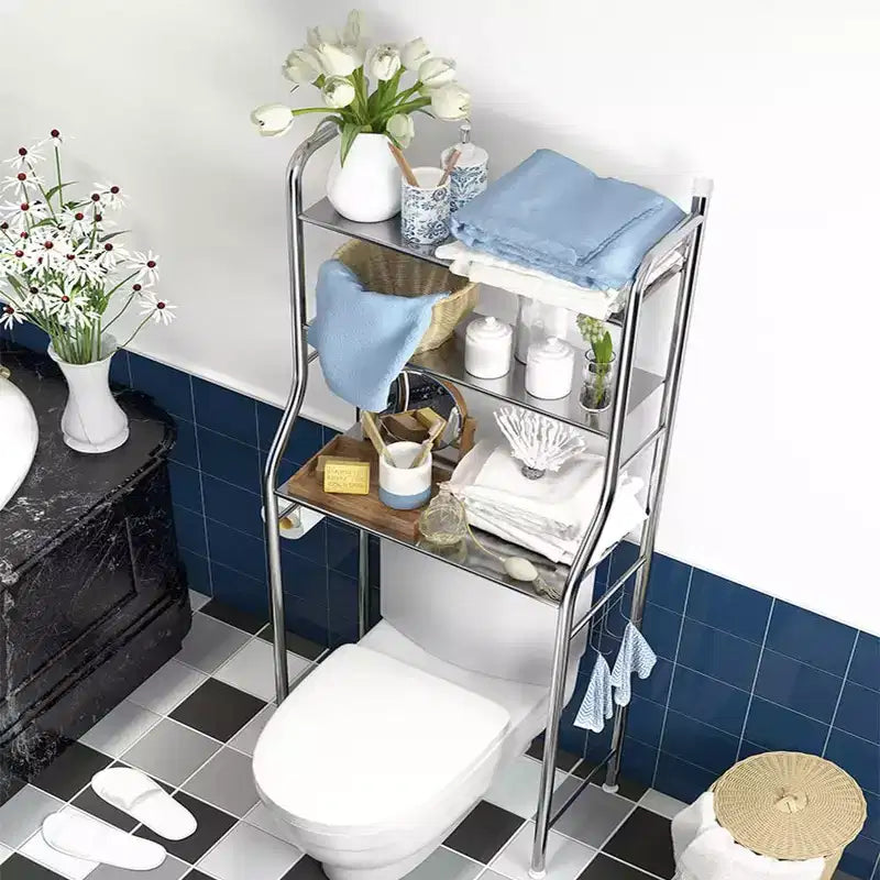 Meuble de Rangement Sur WC, Métal, Porte-Papier & Crochets, Sur Pied Sans Perçage, Blanc